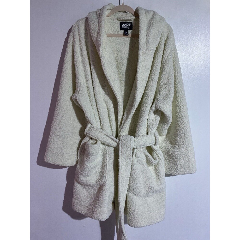 Lands End Robe Womens XL Ivory Sherpa Fleece Big Fluffy Cozy Warm Lounge Pockets